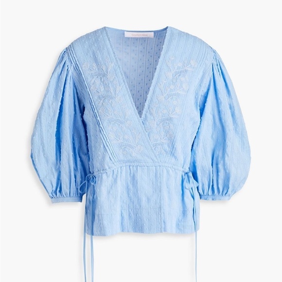 NWT SEE BY CHLOÉ Wrap-effect fil coupé cotton blouse in Tender Blue Size 40 - Picture 1 of 9